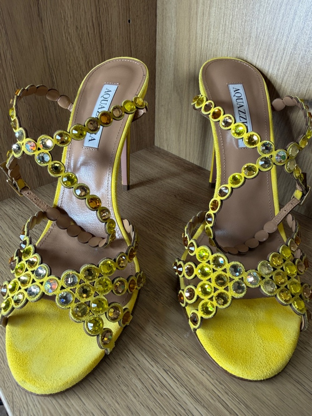 Aquazzura Yellow Jeweled Stiletto Sandals with Crystal Accents